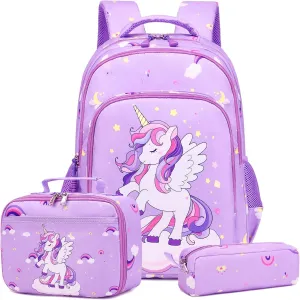 Girls Backpack for Elementary Unicorn Backpack Kids Backpack School Bookbag for Girls 3 in 1 Set Back to School