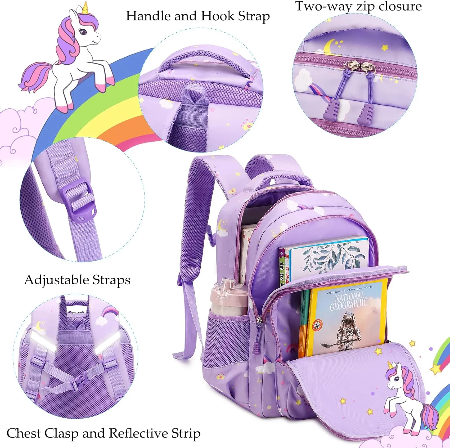 Girls Backpack for Elementary Unicorn Backpack Kids Backpack School Bookbag for Girls 3 in 1 Set Back to School
