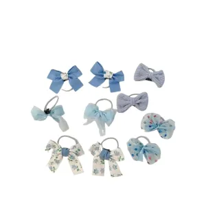 Girls Hair Bow Set, Blue and Floral Pattern Hair Ties, 10 Pieces
