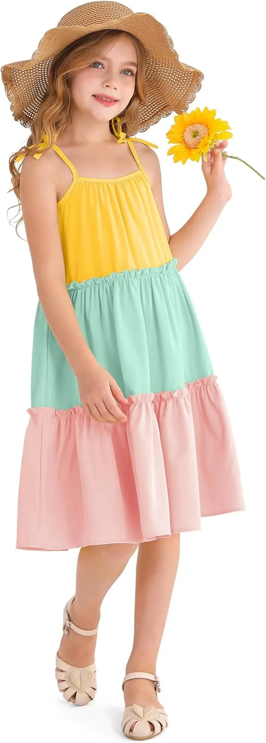 Girl's Summer Cute Tiered Swing Dress Midi Casual Smocked Sundresses 6-14 Years