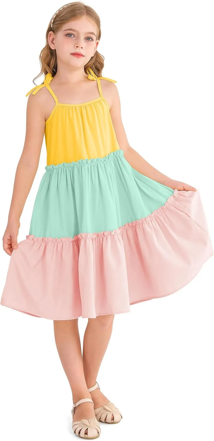 Girl's Summer Cute Tiered Swing Dress Midi Casual Smocked Sundresses 6-14 Years
