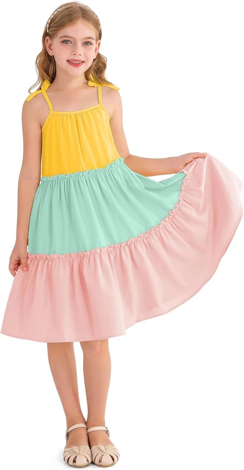 Girl's Summer Cute Tiered Swing Dress Midi Casual Smocked Sundresses 6-14 Years