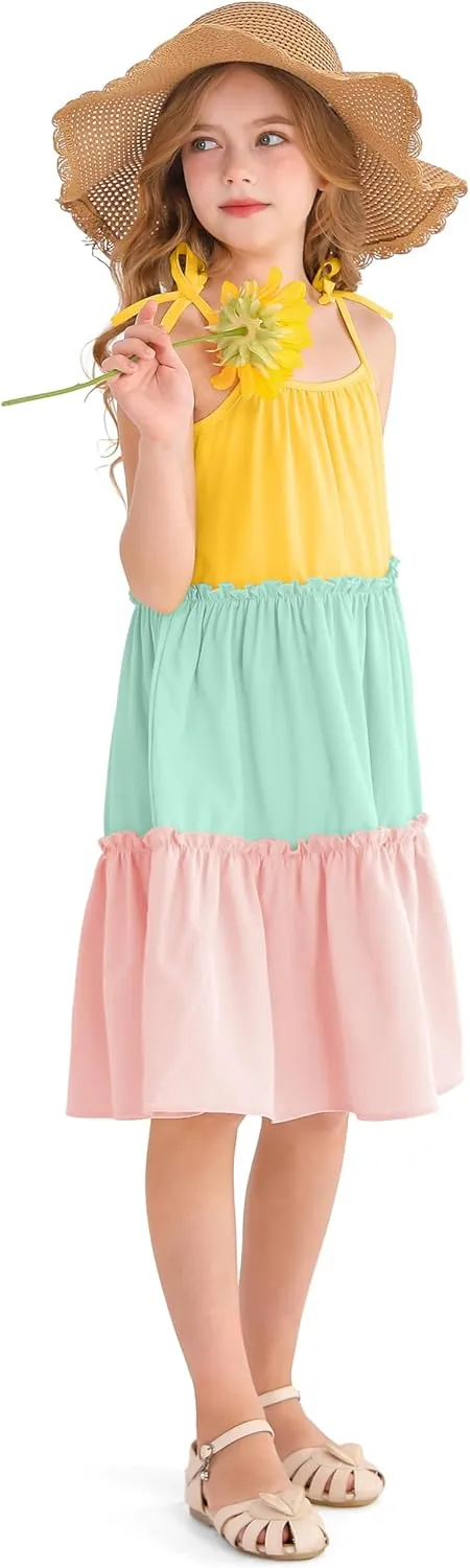Girl's Summer Cute Tiered Swing Dress Midi Casual Smocked Sundresses 6-14 Years
