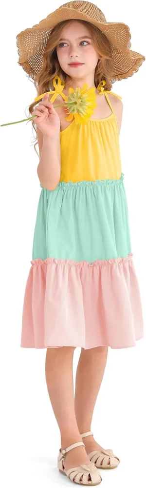 Girl's Summer Cute Tiered Swing Dress Midi Casual Smocked Sundresses 6-14 Years