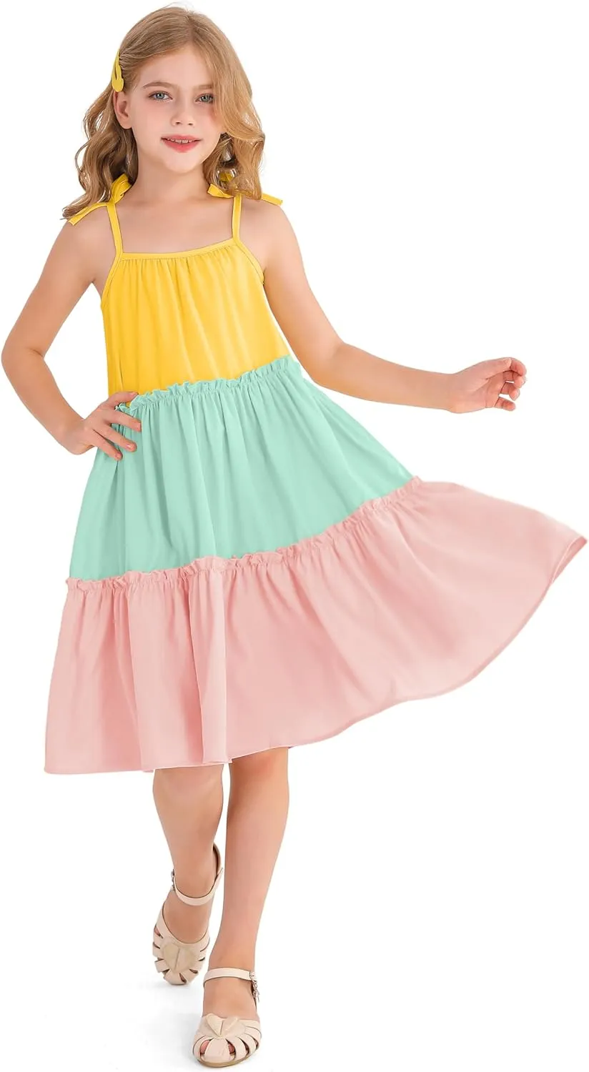 Girl's Summer Cute Tiered Swing Dress Midi Casual Smocked Sundresses 6-14 Years
