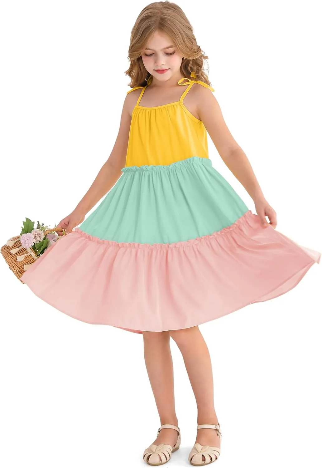 Girl's Summer Cute Tiered Swing Dress Midi Casual Smocked Sundresses 6-14 Years