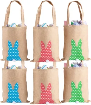 GISELA D 6 Pack Easter Bunny Bags Jute Burlap Bunny Ear Tote Bags Baskets for Easter Egg Hunt