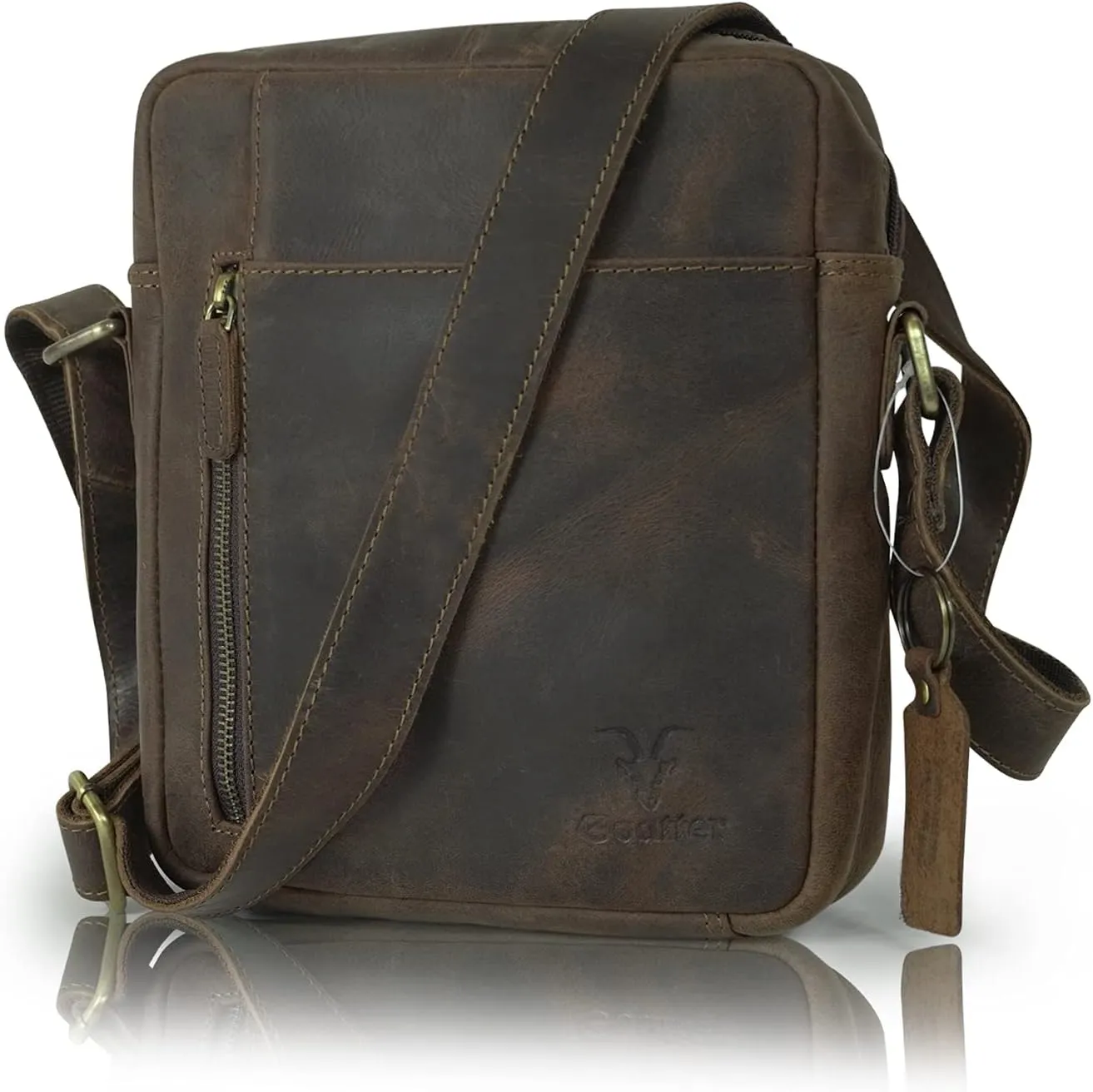Goatter Unisex Hunter Leather Multi Pocket Crossbody Messenger Bag 10 Inch, GTHT-13 10 Medium Brown-13