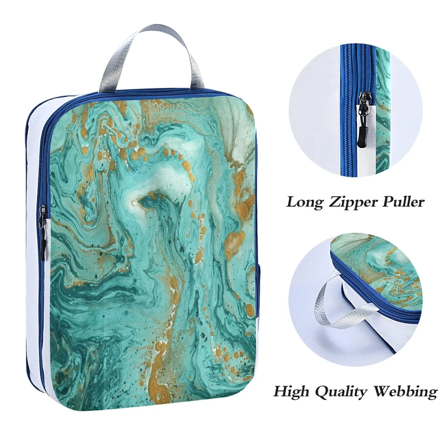 Gold and Turquoise Mixed Abstract Acrylic Paint Marble Texture Art 3 Piece set Cubes Expandable Adjustable Luggage Packing Bags, Ultralight Organizer Accessories Travel Suitcase Compressible Bags