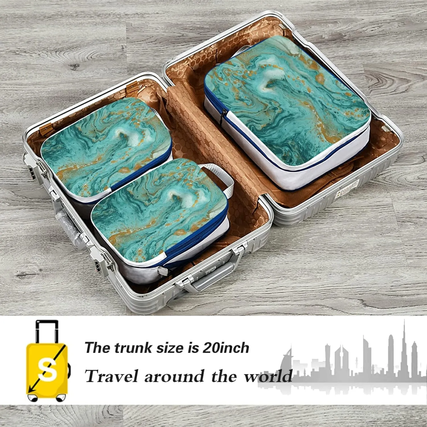 Gold and Turquoise Mixed Abstract Acrylic Paint Marble Texture Art 3 Piece set Cubes Expandable Adjustable Luggage Packing Bags, Ultralight Organizer Accessories Travel Suitcase Compressible Bags