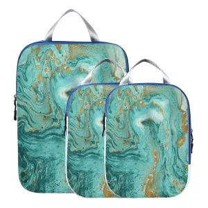 Gold and Turquoise Mixed Abstract Acrylic Paint Marble Texture Art 3 Piece set Cubes Expandable Adjustable Luggage Packing Bags, Ultralight Organizer Accessories Travel Suitcase Compressible Bags