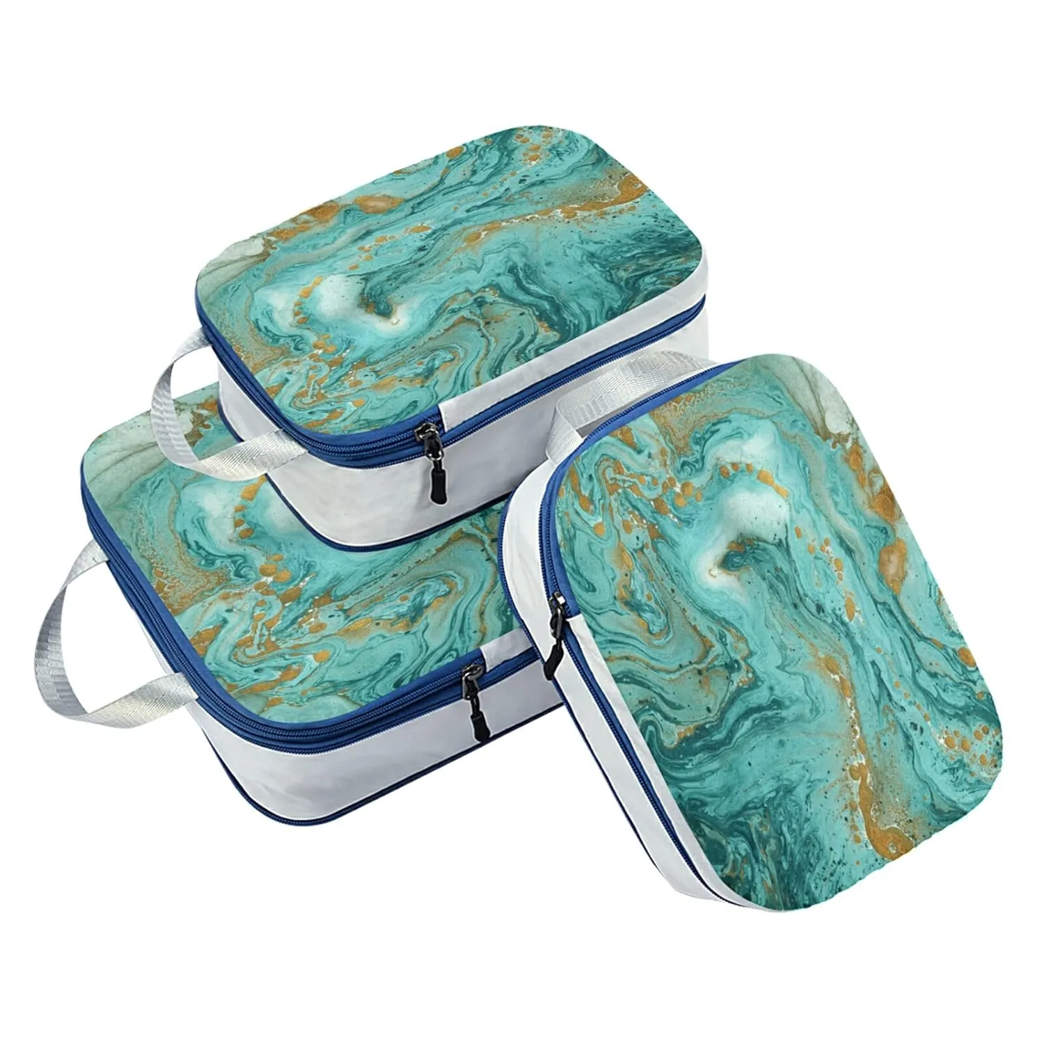 Gold and Turquoise Mixed Abstract Acrylic Paint Marble Texture Art 3 Piece set Cubes Expandable Adjustable Luggage Packing Bags, Ultralight Organizer Accessories Travel Suitcase Compressible Bags