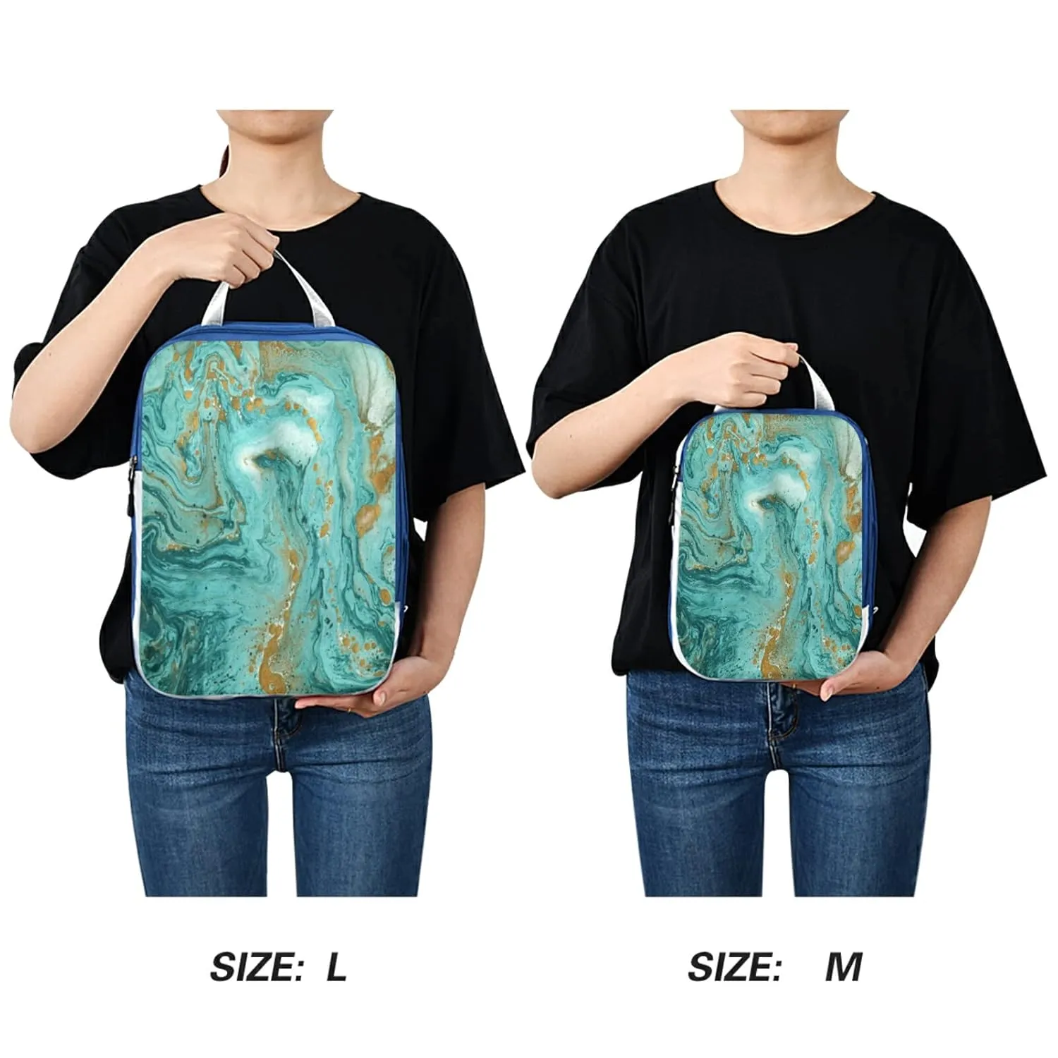 Gold and Turquoise Mixed Abstract Acrylic Paint Marble Texture Art 3 Piece set Cubes Expandable Adjustable Luggage Packing Bags, Ultralight Organizer Accessories Travel Suitcase Compressible Bags