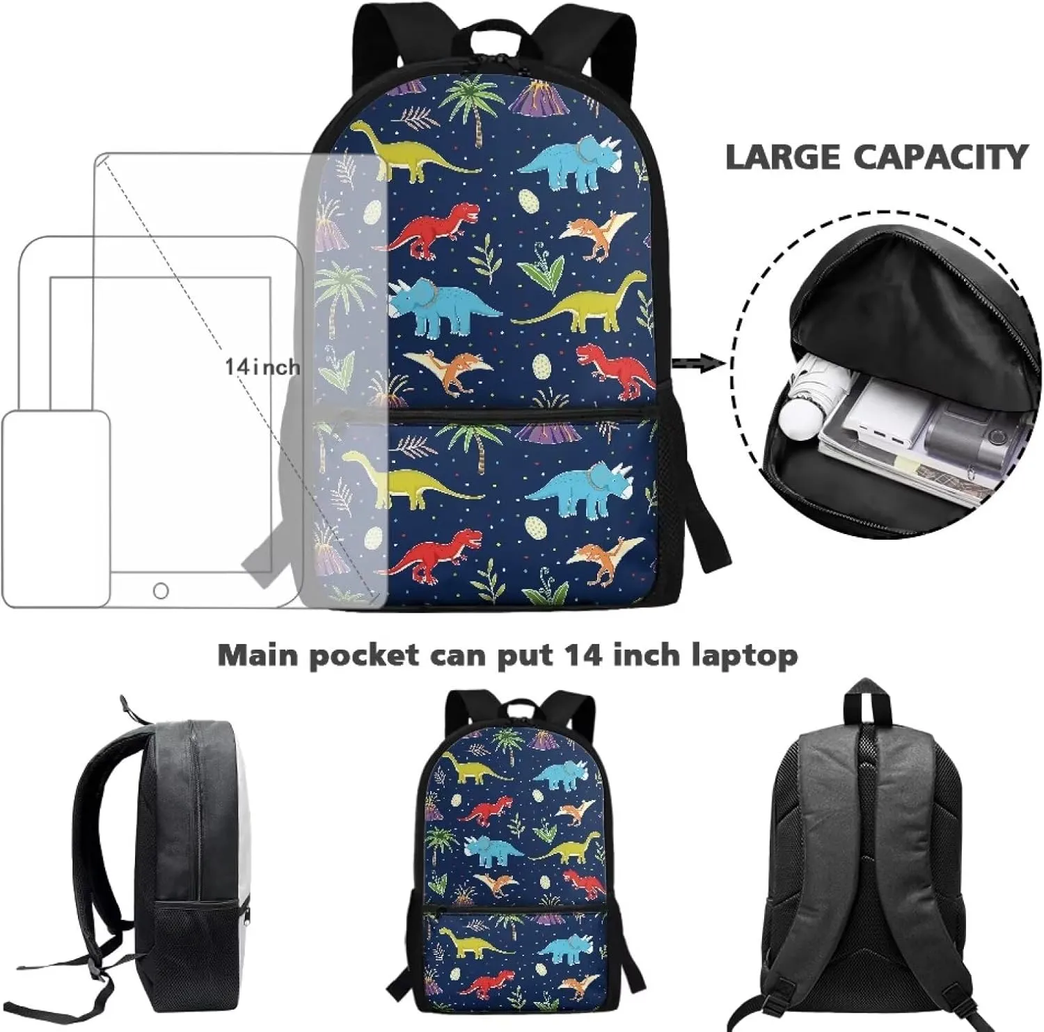Gomyblomy Cartoon Dinosaur Backpack for Boys 6-8 Cute Elementary Kindergarten School Bag for Kids Boys Bookbag Large Capacity 17 Inch Book Bag for Primary Kids