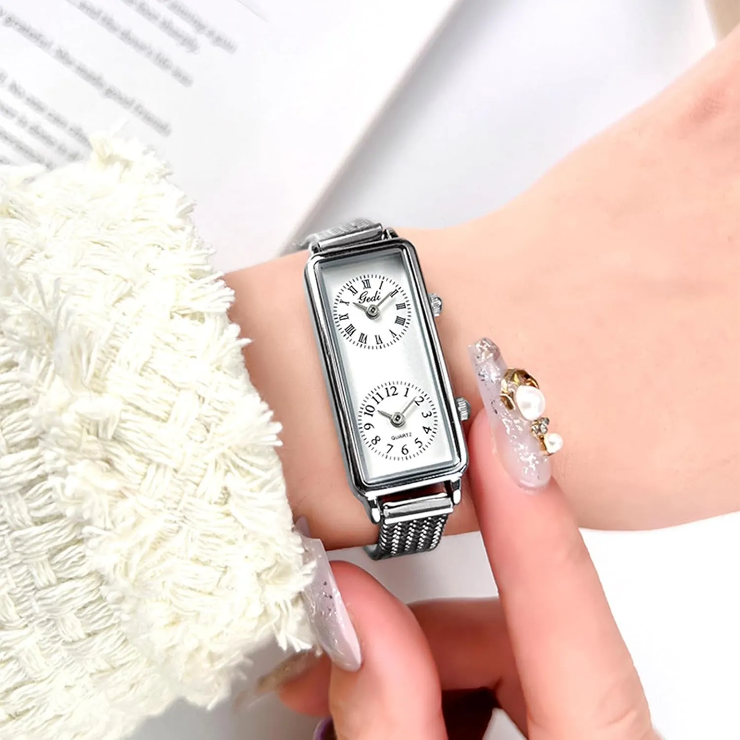 Gosasa Women’s Vintage Rectangle Watch Dual Time Zone Waterproof Ladies Quartz Analog Wristwatch with Two Dials, Roman & Arabic Numerals, Leather Strap for Travel & Business