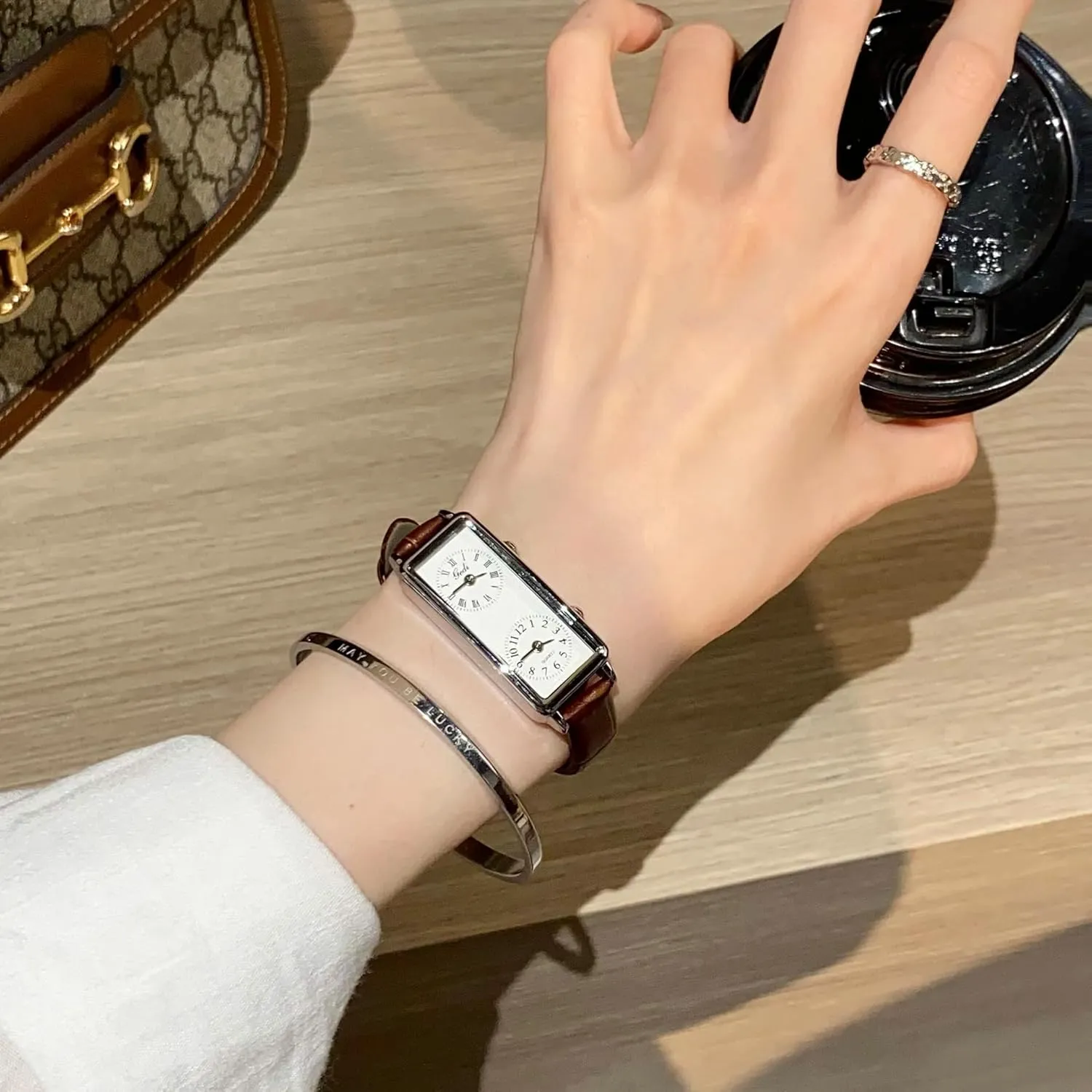 Gosasa Women’s Vintage Rectangle Watch Dual Time Zone Waterproof Ladies Quartz Analog Wristwatch with Two Dials, Roman & Arabic Numerals, Leather Strap for Travel & Business