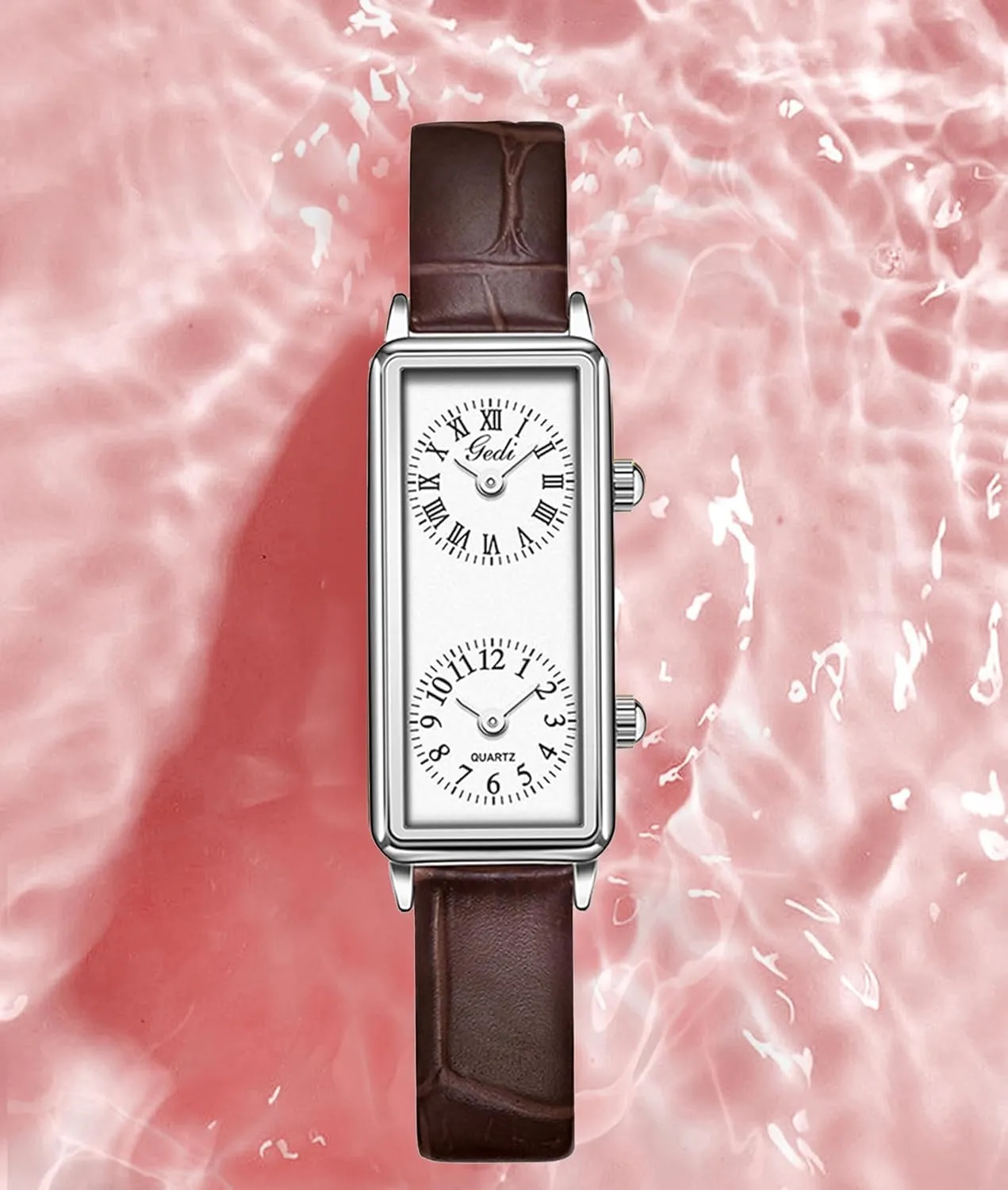 Gosasa Women’s Vintage Rectangle Watch Dual Time Zone Waterproof Ladies Quartz Analog Wristwatch with Two Dials, Roman & Arabic Numerals, Leather Strap for Travel & Business