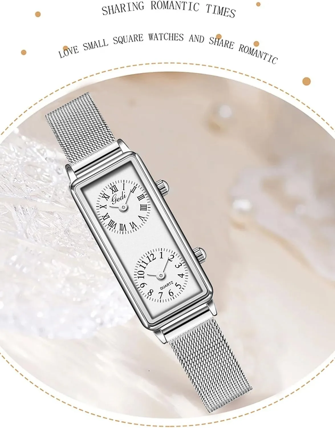 Gosasa Women’s Vintage Rectangle Watch Dual Time Zone Waterproof Ladies Quartz Analog Wristwatch with Two Dials, Roman & Arabic Numerals, Leather Strap for Travel & Business
