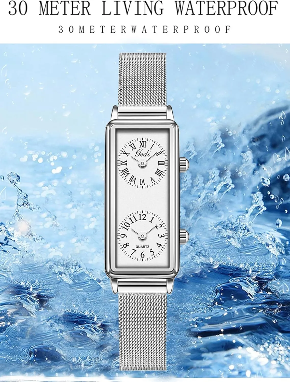 Gosasa Women’s Vintage Rectangle Watch Dual Time Zone Waterproof Ladies Quartz Analog Wristwatch with Two Dials, Roman & Arabic Numerals, Leather Strap for Travel & Business