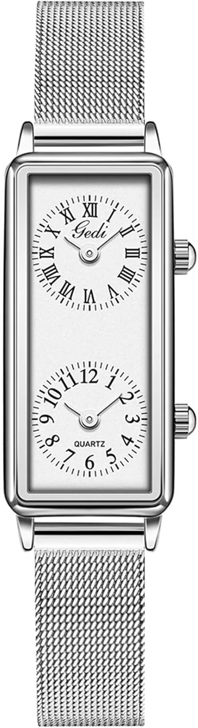 Gosasa Women’s Vintage Rectangle Watch Dual Time Zone Waterproof Ladies Quartz Analog Wristwatch with Two Dials, Roman & Arabic Numerals, Leather Strap for Travel & Business