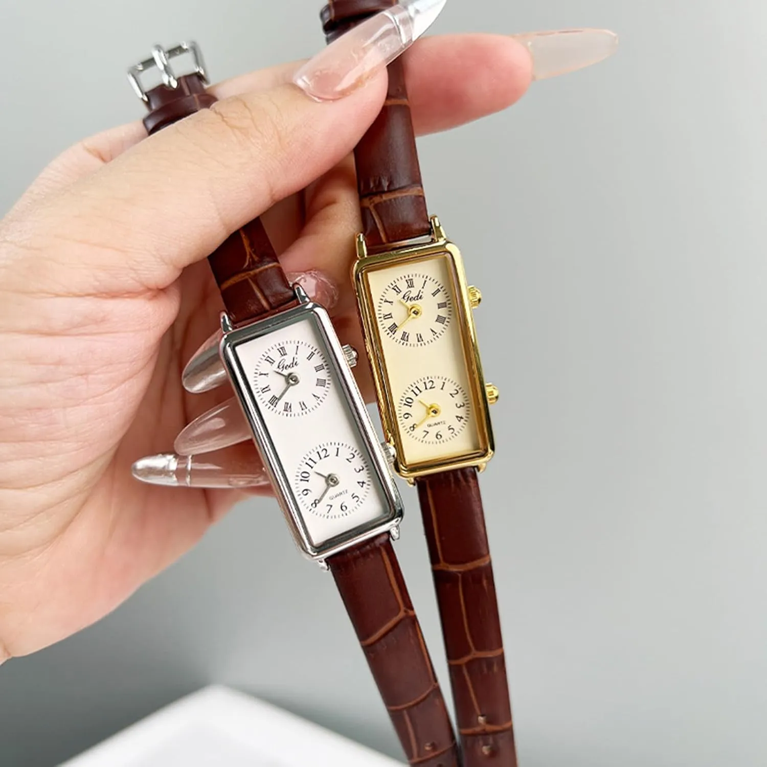 Gosasa Women’s Vintage Rectangle Watch Dual Time Zone Waterproof Ladies Quartz Analog Wristwatch with Two Dials, Roman & Arabic Numerals, Leather Strap for Travel & Business