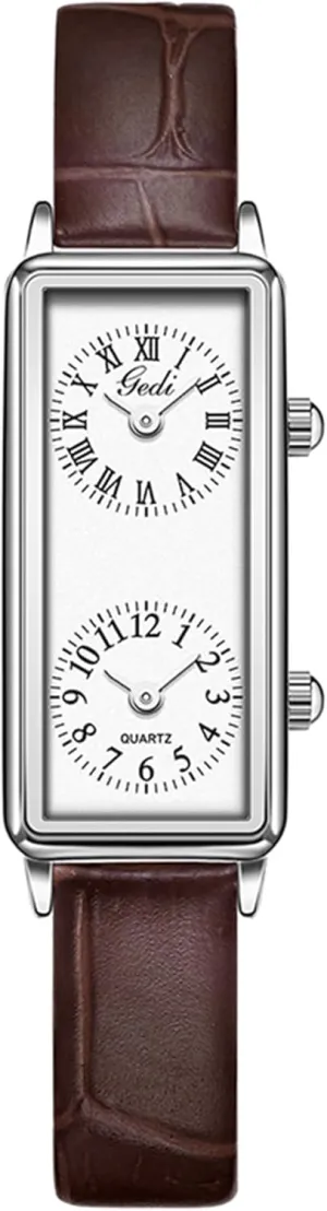 Gosasa Women’s Vintage Rectangle Watch Dual Time Zone Waterproof Ladies Quartz Analog Wristwatch with Two Dials, Roman & Arabic Numerals, Leather Strap for Travel & Business
