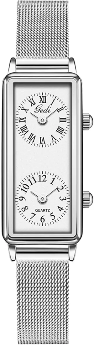 Gosasa Women’s Vintage Rectangle Watch Dual Time Zone Waterproof Ladies Quartz Analog Wristwatch with Two Dials, Roman & Arabic Numerals, Leather Strap for Travel & Business