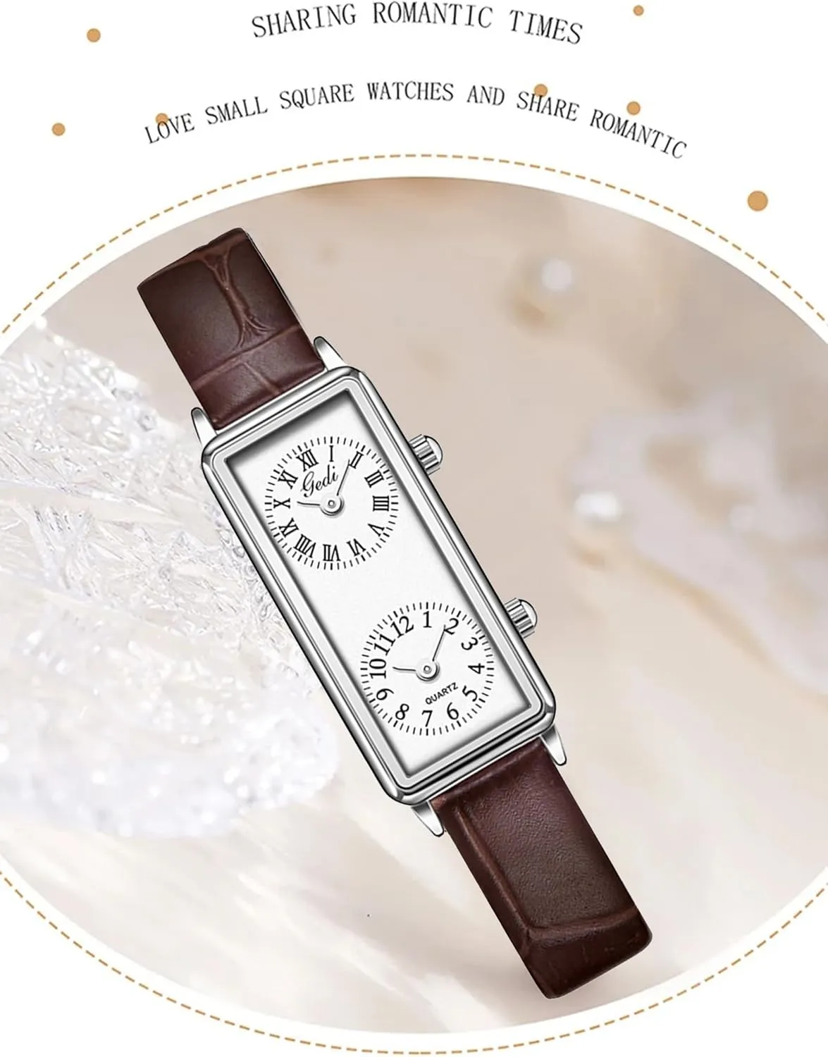Gosasa Women’s Vintage Rectangle Watch Dual Time Zone Waterproof Ladies Quartz Analog Wristwatch with Two Dials, Roman & Arabic Numerals, Leather Strap for Travel & Business
