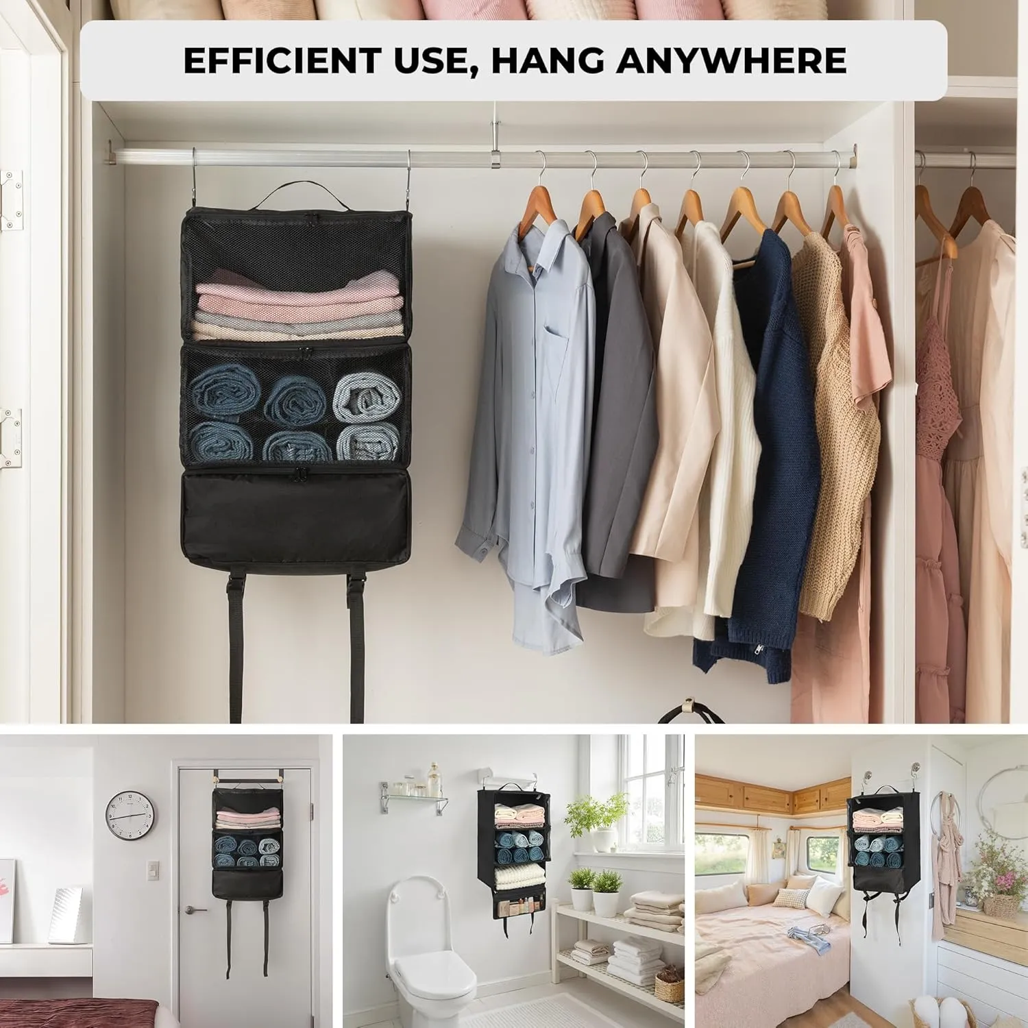 GRANNY SAYS Hanging Packing Cubes for Travel, Large Portable Hanging Suitcase Organizer, Foldable Compression Luggage Organizer Bags for Clothes, Carry on Closet Suitcase, XXL-Black Travel Shelves