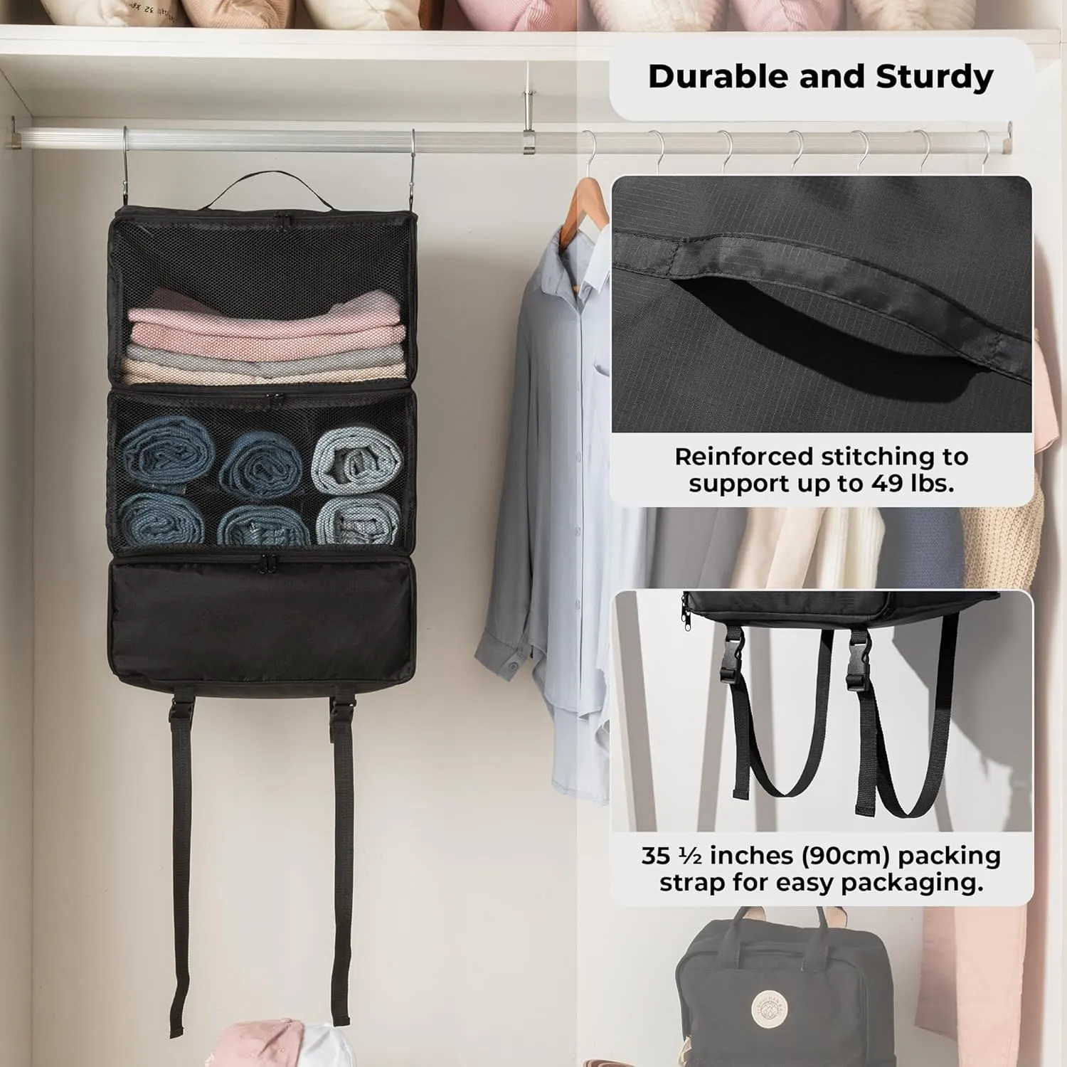 GRANNY SAYS Hanging Packing Cubes for Travel, Large Portable Hanging Suitcase Organizer, Foldable Compression Luggage Organizer Bags for Clothes, Carry on Closet Suitcase, XXL-Black Travel Shelves
