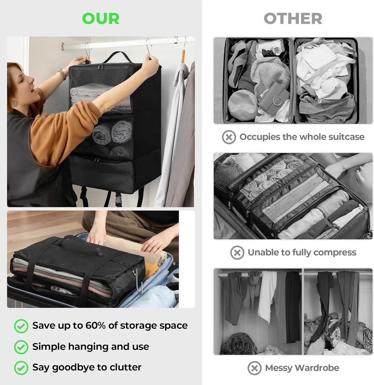 GRANNY SAYS Hanging Packing Cubes for Travel, Large Portable Hanging Suitcase Organizer, Foldable Compression Luggage Organizer Bags for Clothes, Carry on Closet Suitcase, XXL-Black Travel Shelves