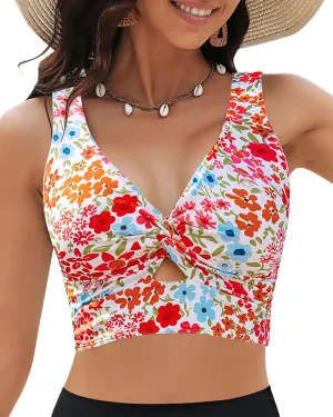GRAPENT Bikini Tops for Women Cropped Tankini Tops Floral Printed Beach Padded Knot Twist Cut Out Bathing Suit Top Only
