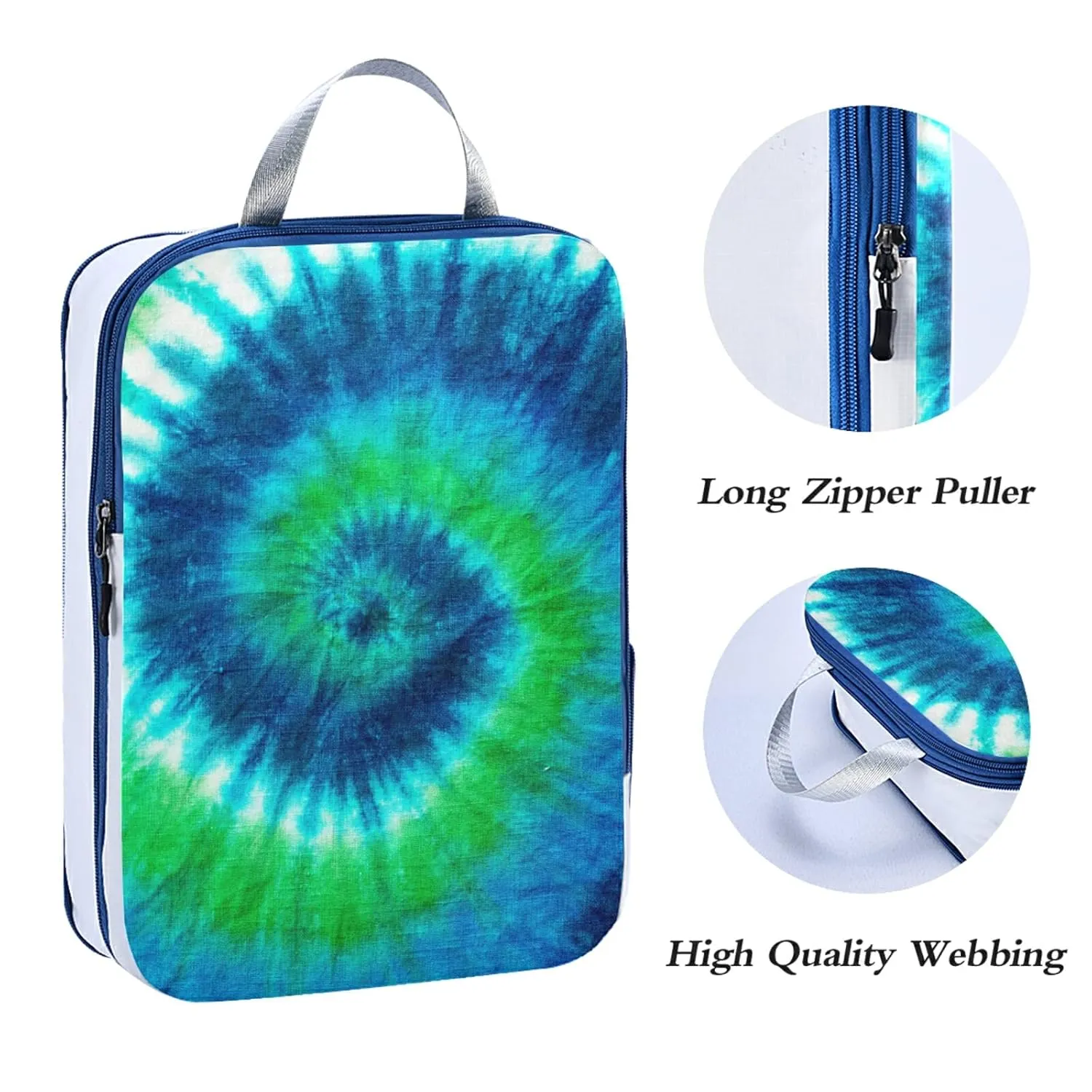 Green Blue White Spiral Tie Dye Abstract Hippie Pattern 3 Piece set Cubes Expandable Adjustable Luggage Packing Bags, Ultralight Organizer Accessories Travel Suitcase Compressible Bags