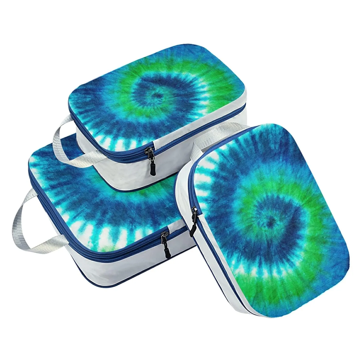 Green Blue White Spiral Tie Dye Abstract Hippie Pattern 3 Piece set Cubes Expandable Adjustable Luggage Packing Bags, Ultralight Organizer Accessories Travel Suitcase Compressible Bags