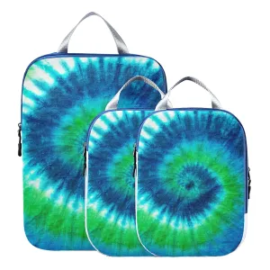 Green Blue White Spiral Tie Dye Abstract Hippie Pattern 3 Piece set Cubes Expandable Adjustable Luggage Packing Bags, Ultralight Organizer Accessories Travel Suitcase Compressible Bags
