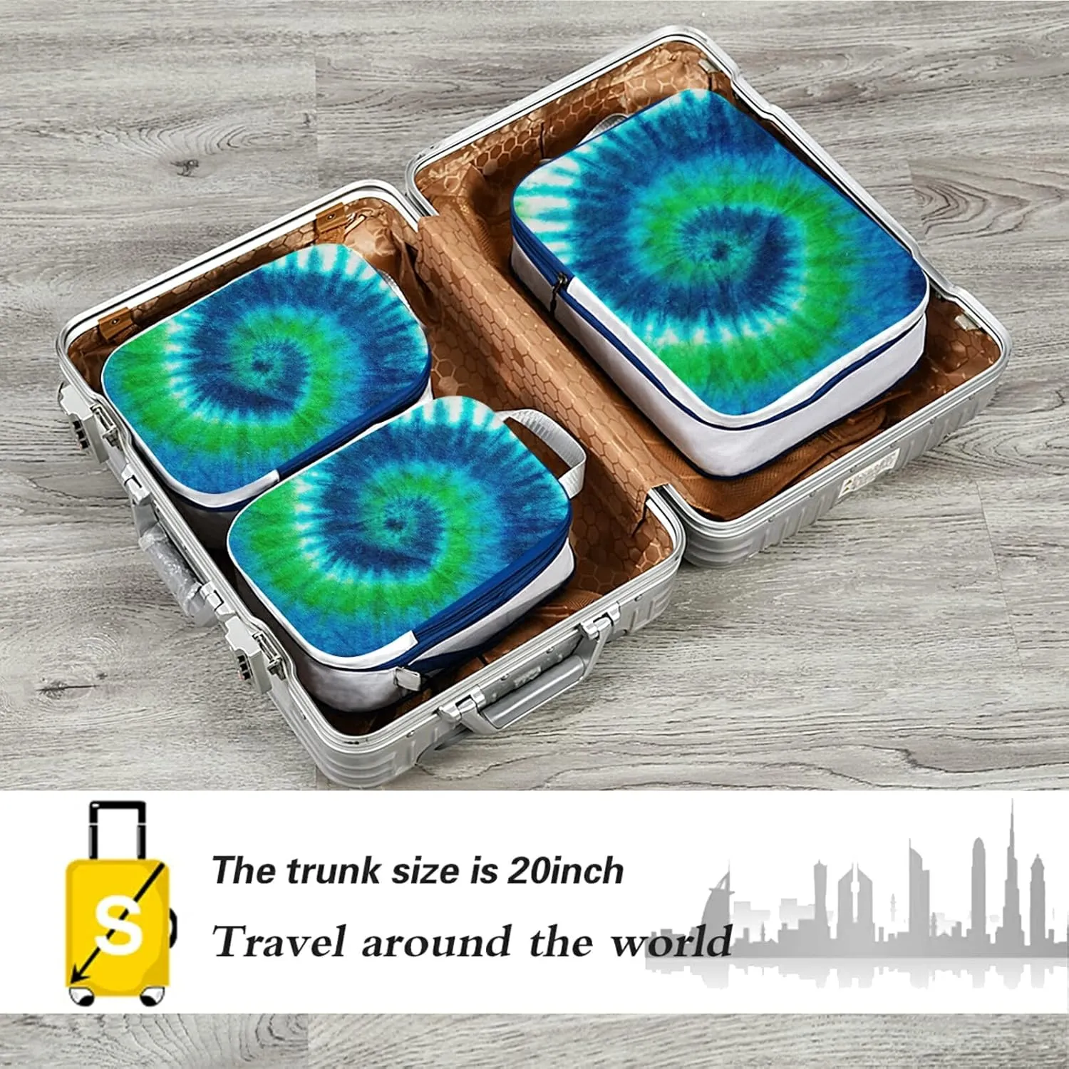 Green Blue White Spiral Tie Dye Abstract Hippie Pattern 3 Piece set Cubes Expandable Adjustable Luggage Packing Bags, Ultralight Organizer Accessories Travel Suitcase Compressible Bags