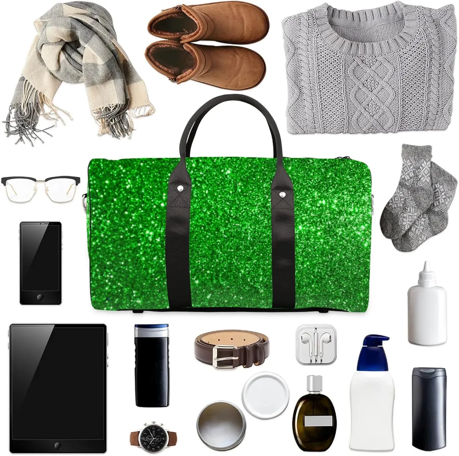 Green Glitters Print Travel Duffle Bag for Women Men, Carry On Overnight Bag, Weekend Travel Duffel Tote Bags for Trips Sport Hospital