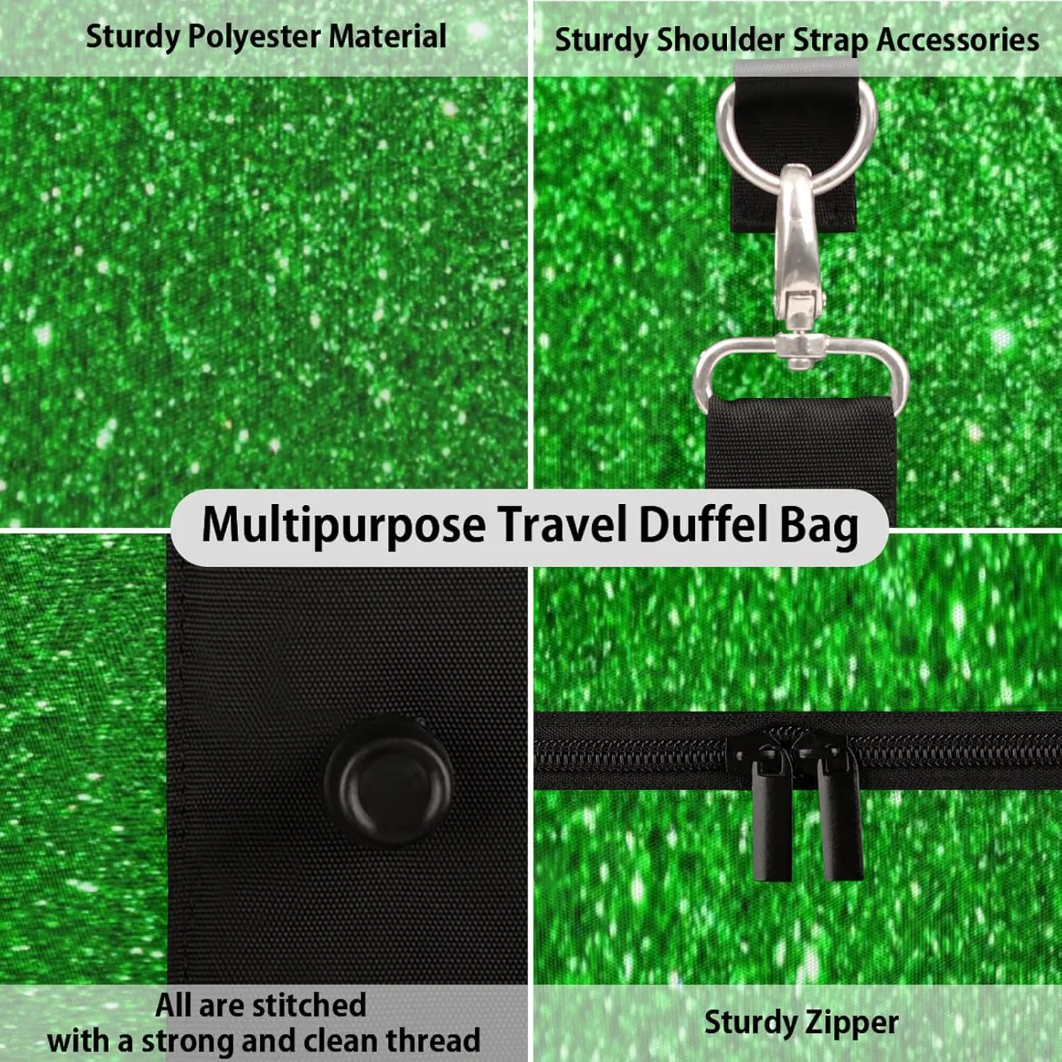 Green Glitters Print Travel Duffle Bag for Women Men, Carry On Overnight Bag, Weekend Travel Duffel Tote Bags for Trips Sport Hospital