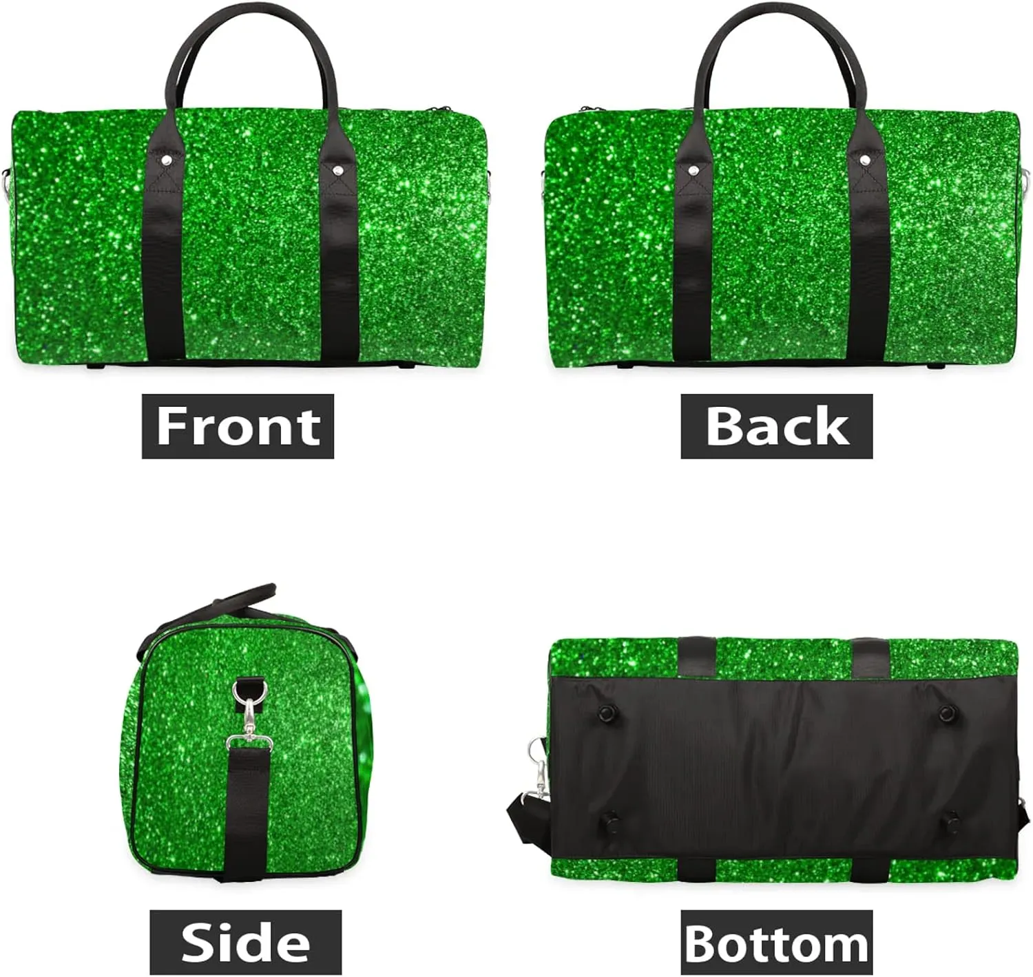 Green Glitters Print Travel Duffle Bag for Women Men, Carry On Overnight Bag, Weekend Travel Duffel Tote Bags for Trips Sport Hospital