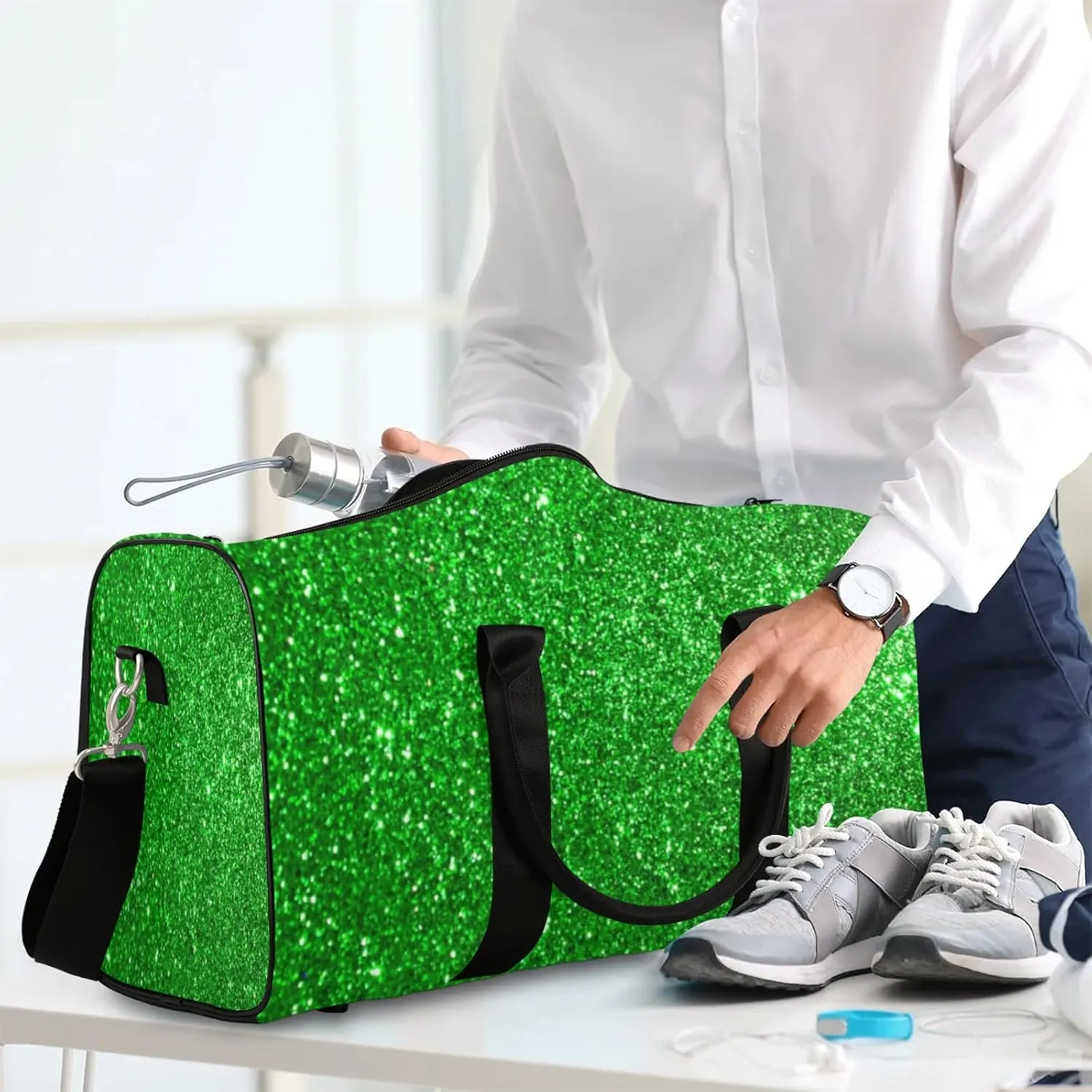 Green Glitters Print Travel Duffle Bag for Women Men, Carry On Overnight Bag, Weekend Travel Duffel Tote Bags for Trips Sport Hospital