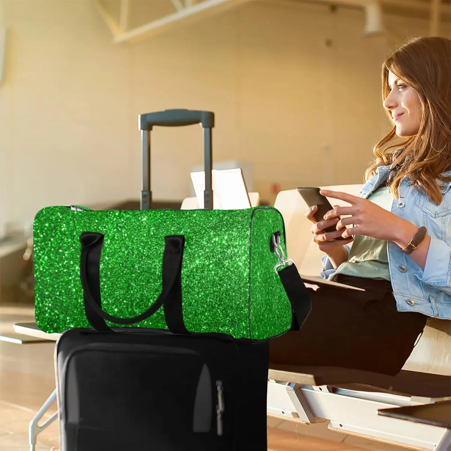 Green Glitters Print Travel Duffle Bag for Women Men, Carry On Overnight Bag, Weekend Travel Duffel Tote Bags for Trips Sport Hospital