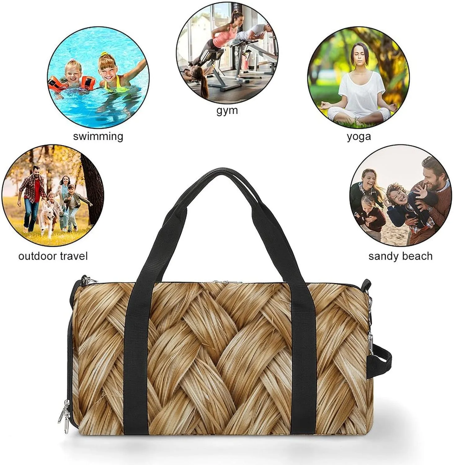 Gym Bag Gold Woven Wicker Duffel Bag for Men Women Overnight Bag with Shoe Compartment Workout Bags