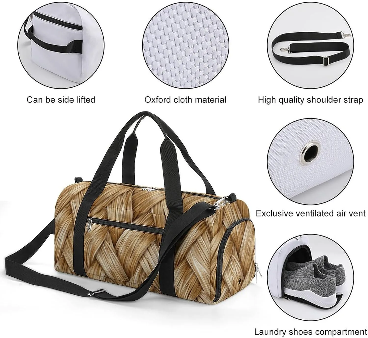 Gym Bag Gold Woven Wicker Duffel Bag for Men Women Overnight Bag with Shoe Compartment Workout Bags