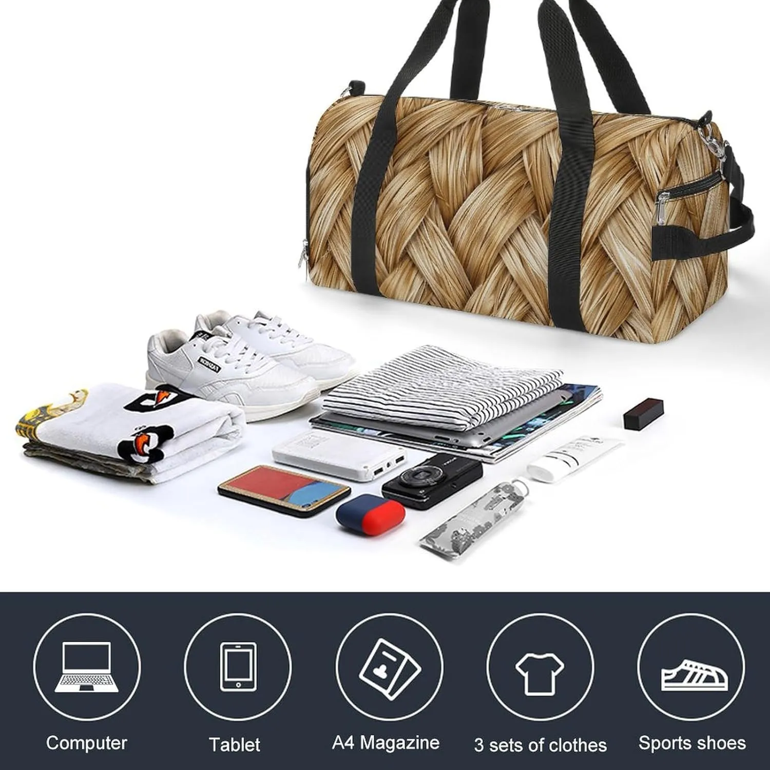 Gym Bag Gold Woven Wicker Duffel Bag for Men Women Overnight Bag with Shoe Compartment Workout Bags