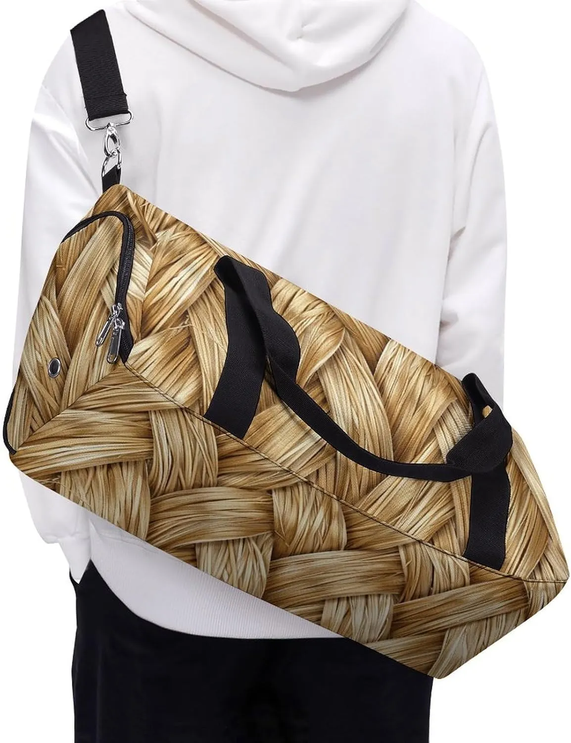 Gym Bag Gold Woven Wicker Duffel Bag for Men Women Overnight Bag with Shoe Compartment Workout Bags