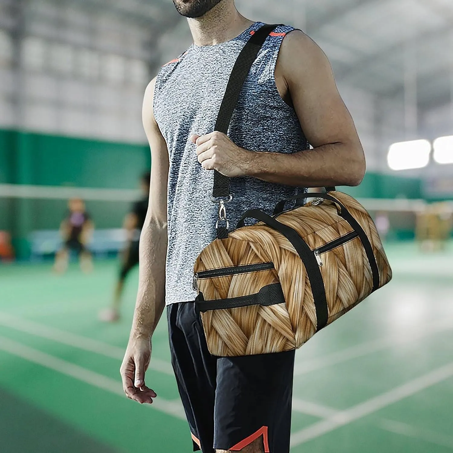 Gym Bag Gold Woven Wicker Duffel Bag for Men Women Overnight Bag with Shoe Compartment Workout Bags