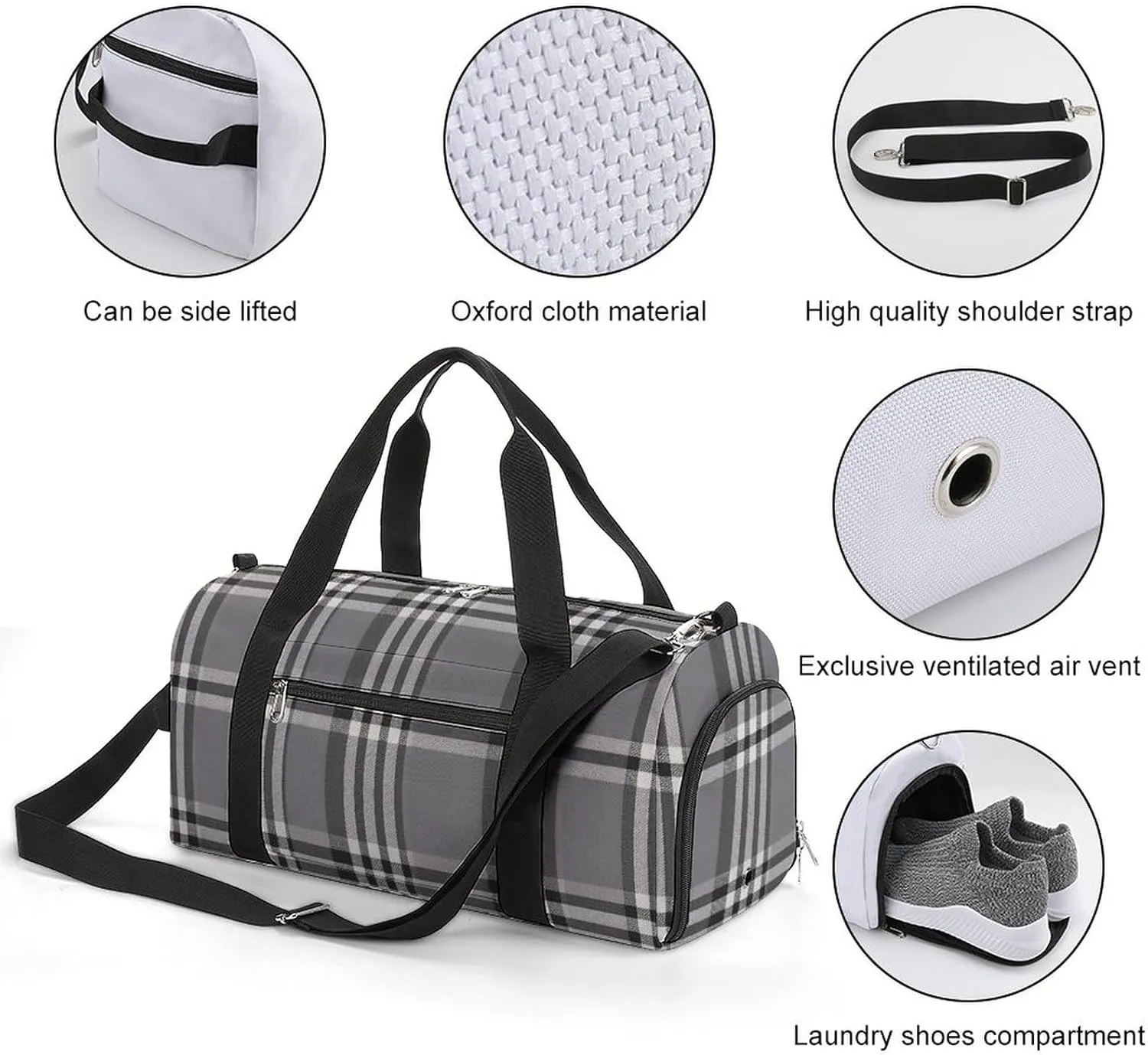 Gym Bag Gray Plaid Lines Duffel Bag for Men Women Overnight Bag with Shoe Compartment Workout Bags
