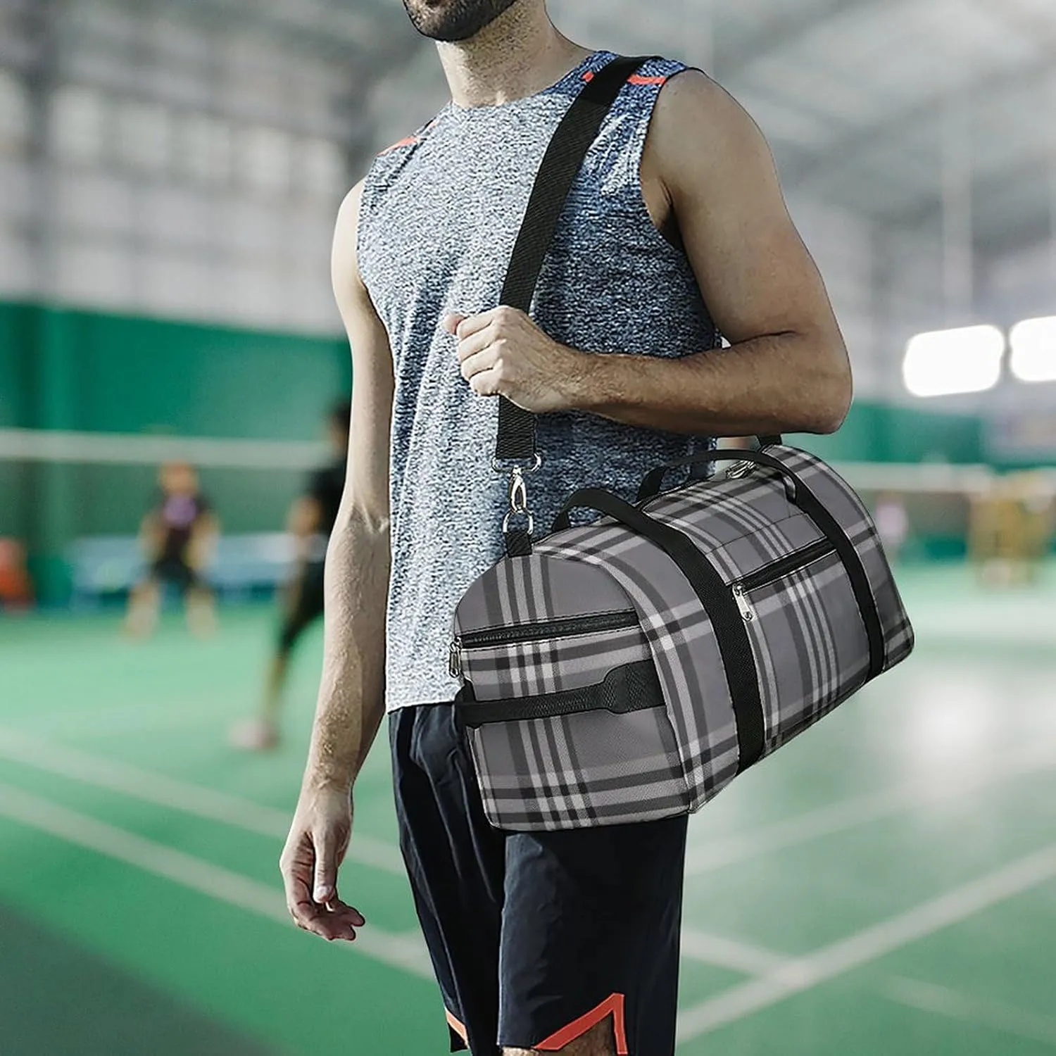 Gym Bag Gray Plaid Lines Duffel Bag for Men Women Overnight Bag with Shoe Compartment Workout Bags