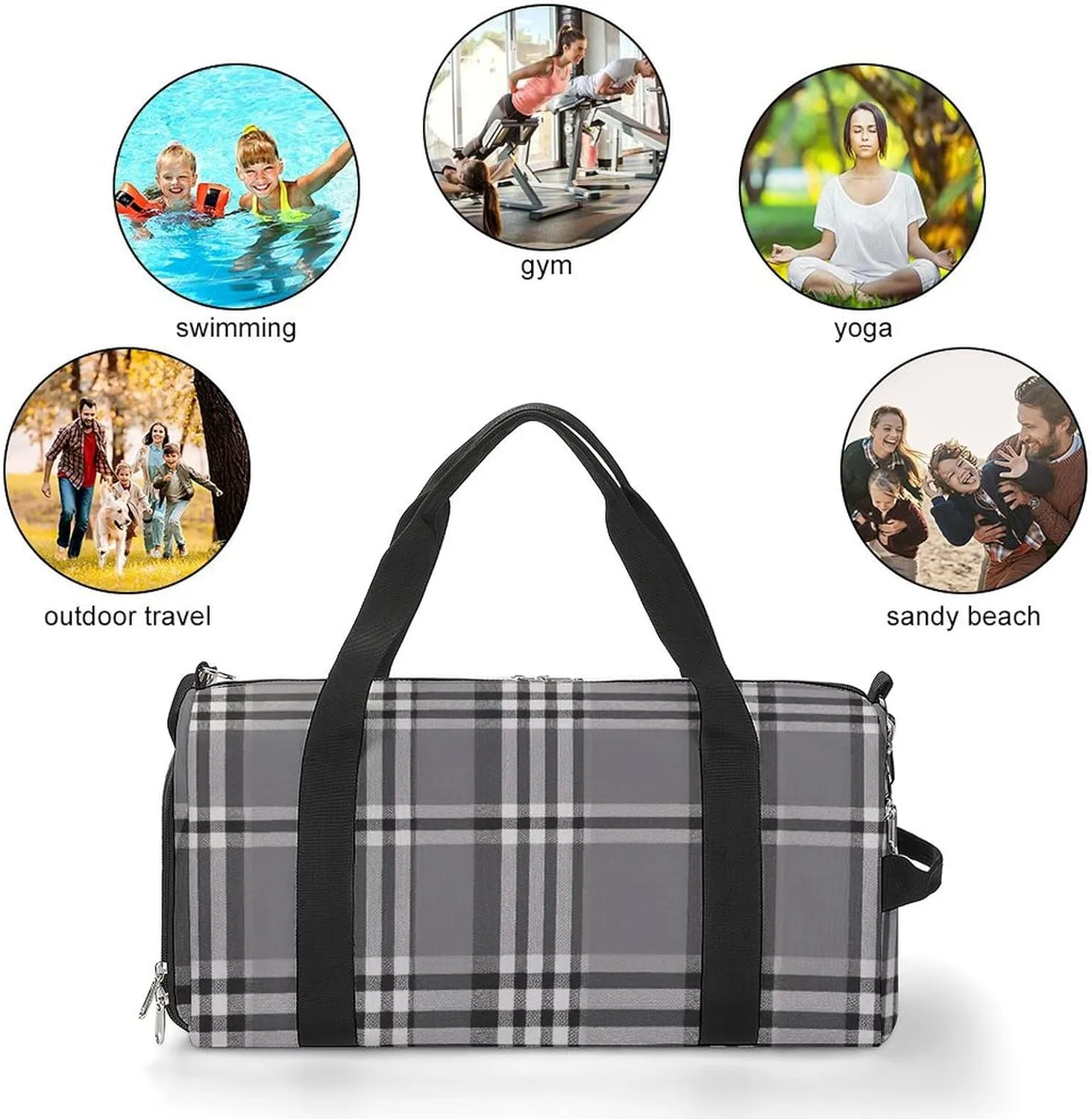 Gym Bag Gray Plaid Lines Duffel Bag for Men Women Overnight Bag with Shoe Compartment Workout Bags