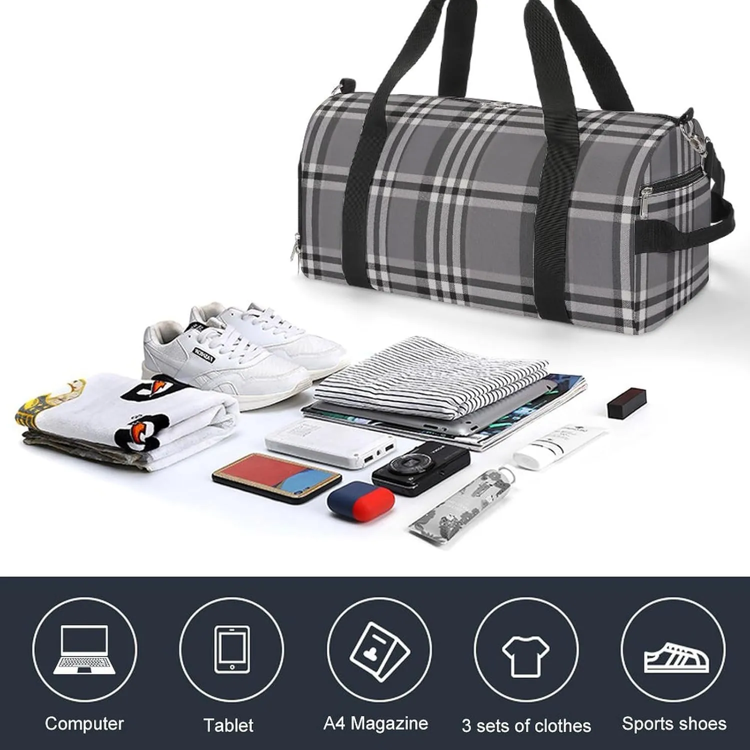 Gym Bag Gray Plaid Lines Duffel Bag for Men Women Overnight Bag with Shoe Compartment Workout Bags